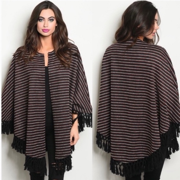 RED BLACK STRIPE TASSEL PONCHO - Picture 3 of 6